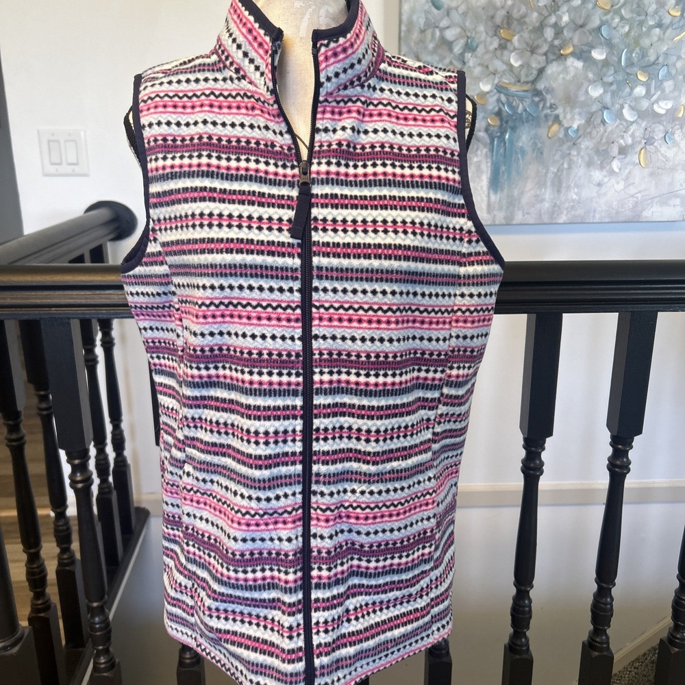Laura Scott Women Vest Jacket Med Blue/pink Fair Isle Full‎ Zip Mock Neck